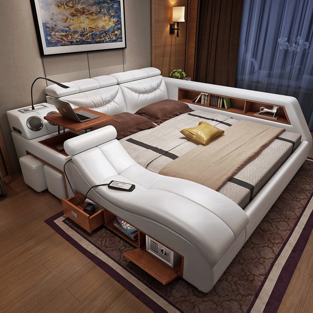 Modern King Size Beds Multifunctional Massage Leather Soft Bed With LED Light & USB etc (imported)